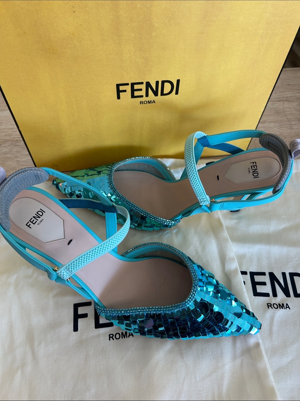 Fendi Turquoise Sequin Slingback Pointed-Toe Heels size 41 US 10 - Picture 3 of 6